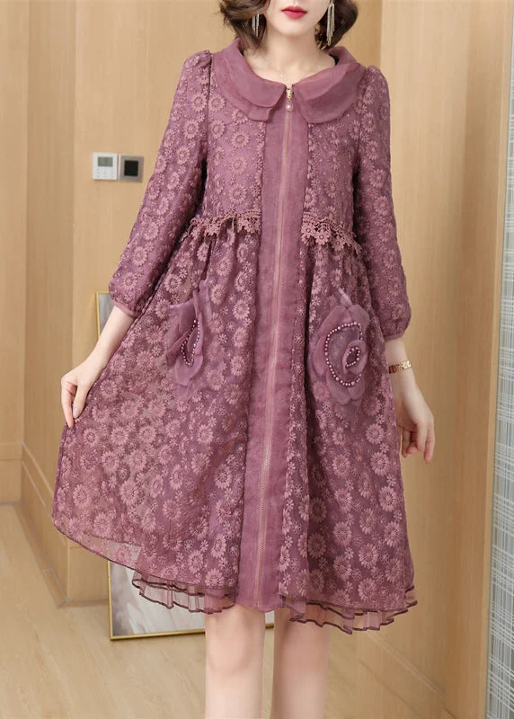 boho dressItalian Purple Peter Pan Collar Zip Up Patchwork Lace Dress Fall