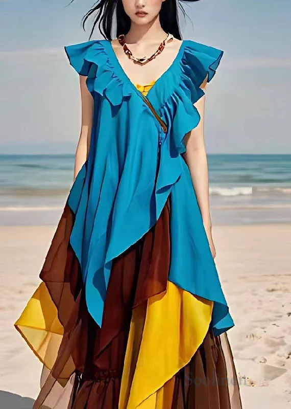 Special Price elegant maxi dressBohemian Blue V Neck Ruffled Patchwork Chiffon Dresses Sleeveless