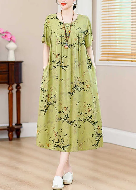 ruffle dressCasual Green Print Pockets Silk Cotton Long Dresses Summer