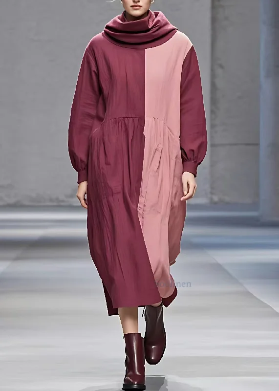 Lowest Price puff sleeve dressChic Red Patchwork Wrinkled Maxi Dress Long Sleeve