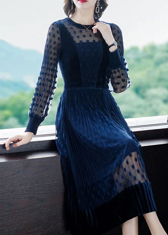 Big Discounts v-neck dressStylish Navy Hollow Out Patchwork Tulle Long Dress Spring