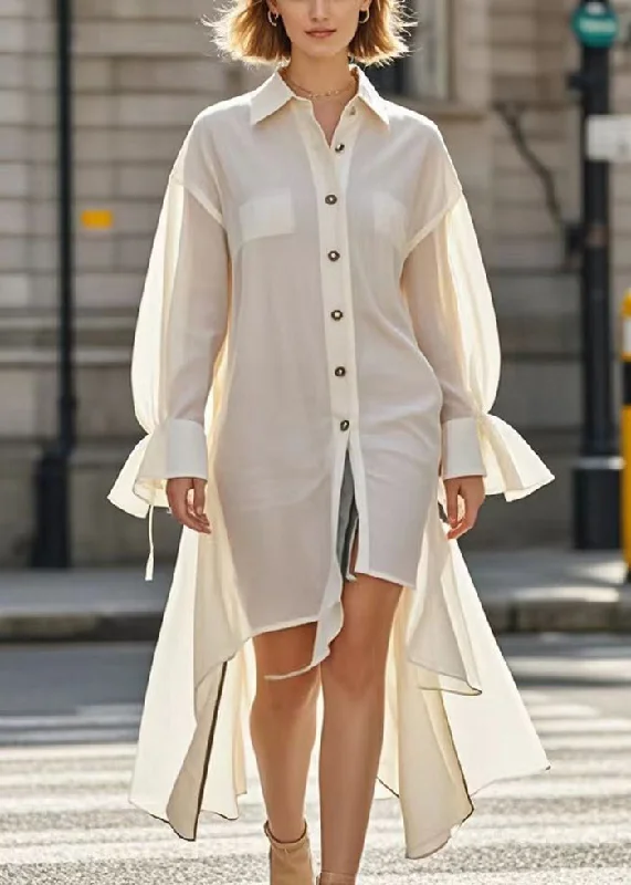 trendy mini dressSimple White Asymmetrical Design Cotton Shirt Dress Flare Sleeve