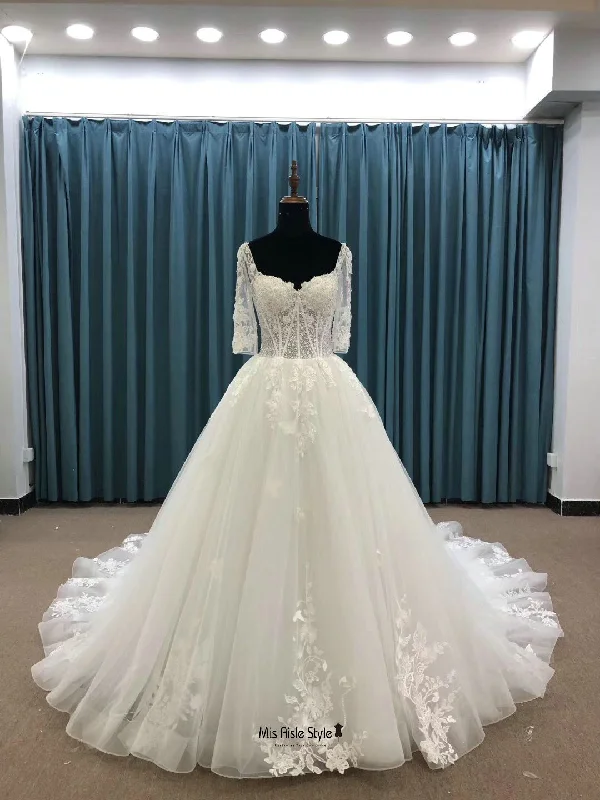 Limited Time off-shoulder dressHalf Sleeve Sexy Illusion Lace Wedding Dress