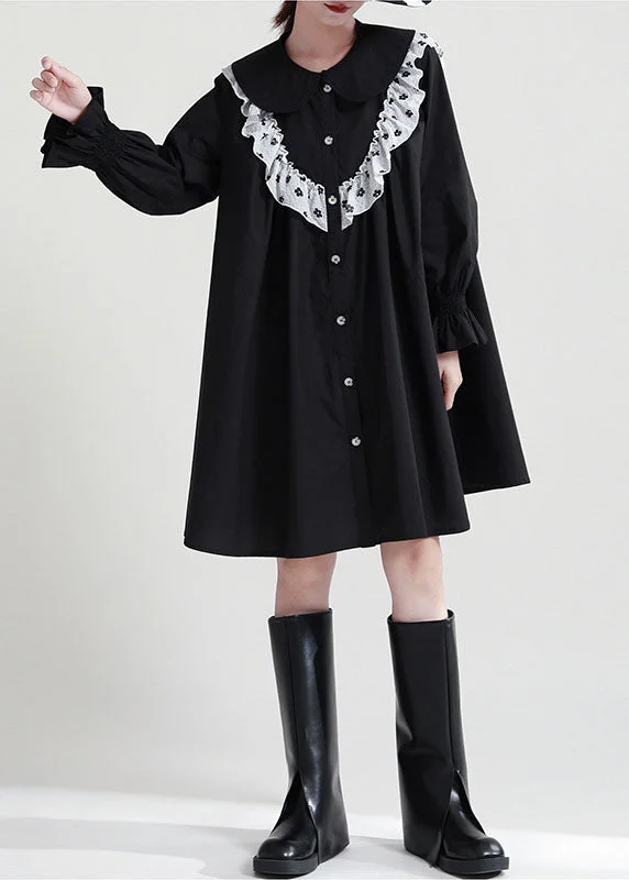 comfy dressItalian Black Ruffled Patchwork Cotton Shirt Dresses Fall