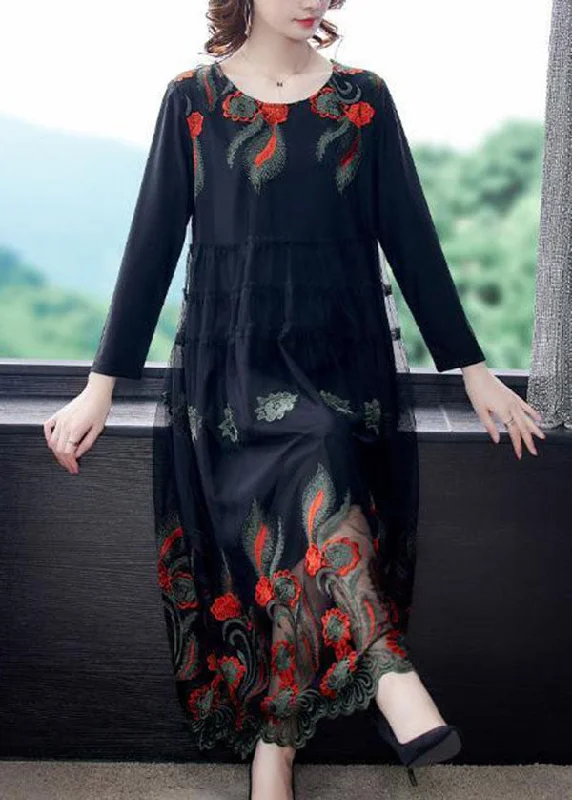 Discount Mania casual summer dressBeautiful Black Embroideried Patchwork Tulle Party Dress Spring