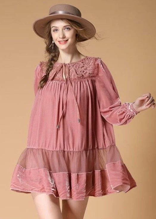 tiered dressOrganic Pink O Neck Patchwork Velour Dress Spring