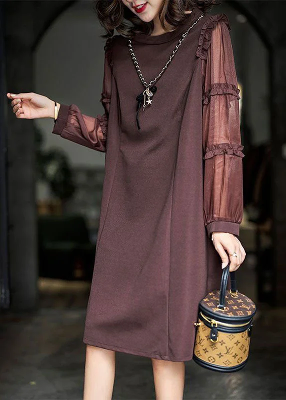 ruffle dressFashion Brown Ruffled Patchwork Cotton Long Dress Spring