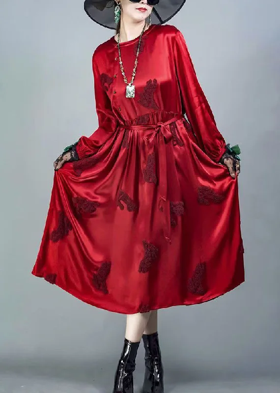 silk dressBeautiful Red O-Neck Tie Waist Silk Dresses Spring