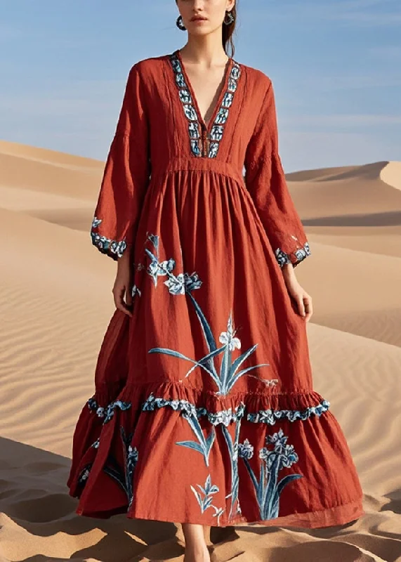 boho dressDIY Red Ruffled Print Cotton Maxi Dresses Spring