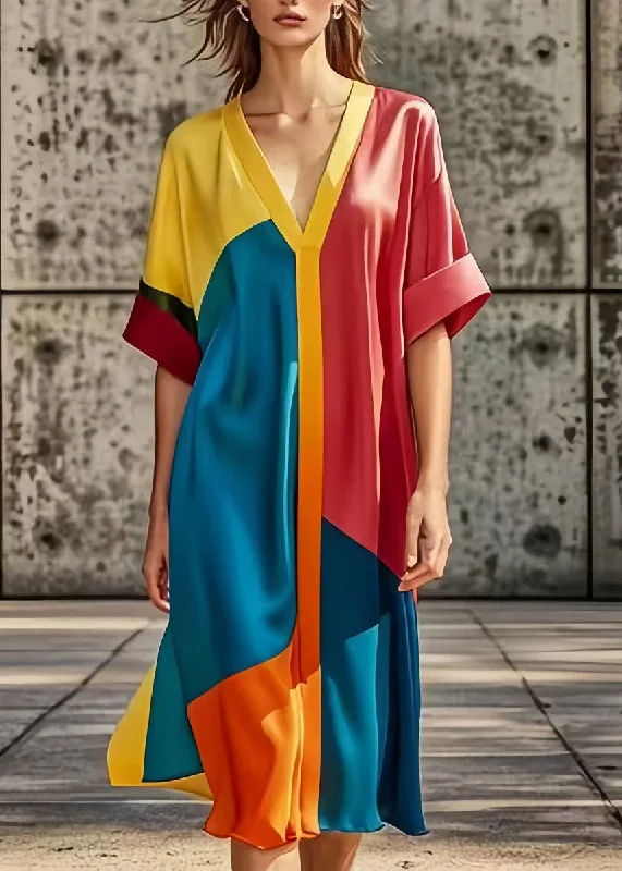 casual slip dressPlus Size Colorblock Oversized Patchwork Silk Dress Summer