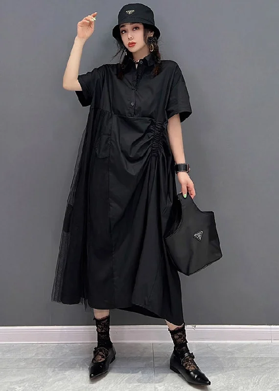 Price Rollback elegant maxi dressChic Black Peter Pan Collar Cinched Button Tulle Patchwork Maxi Dresses Short Sleeve