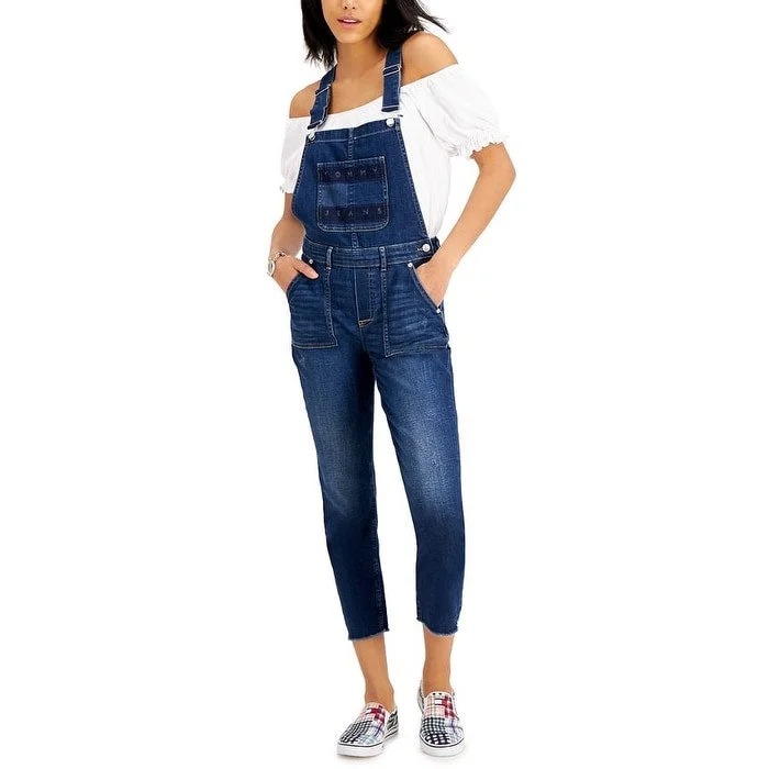 Limited Stock Tommy Jeans Women's Stretch Pocketed Buttoned Adjustable Overalls Sleeveless Square Neck Skinny Jumpsuit Blue Size 25