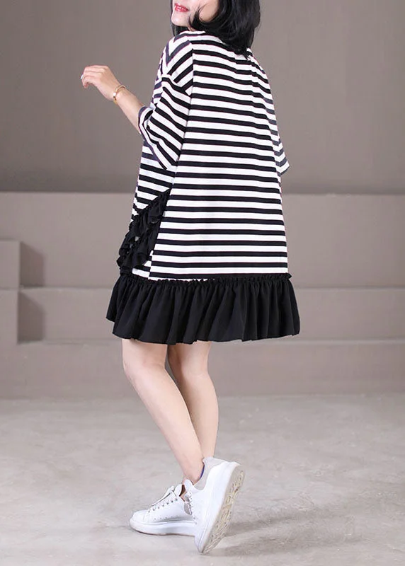 satin midi dressItalian Black White Striped O-Neck Patchwork Ruffled Robe Dresses Short Sleeve