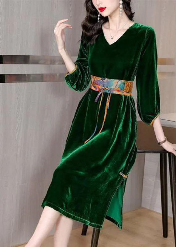 Unmissable Offer chic slip dressFitted Green V Neck Side Open Silk Velour Cinch Dresses Fall Unmissable Offer chic slip dressFitted Green V Neck Side Open Silk Velour Cinch Dresses Fall