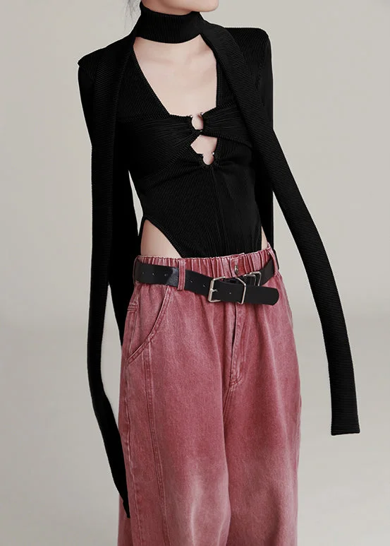 Online Exclusive Sexy Black U Neck Hollow Out Knit Jumpsuit Long Sleeve AB1040