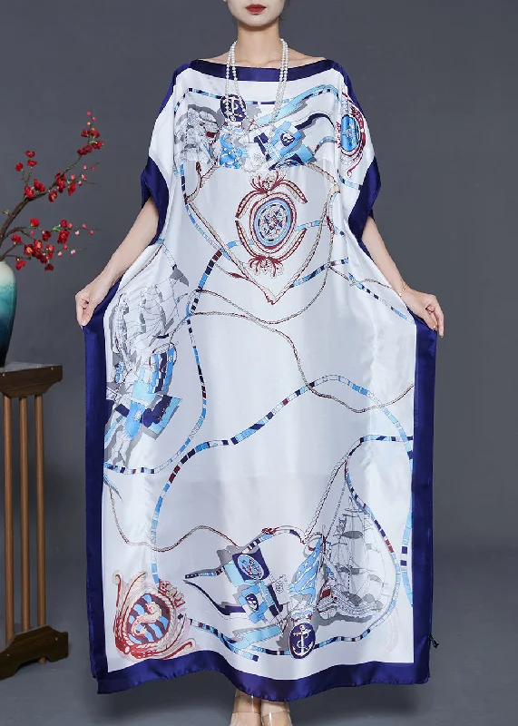 Today’s Deal denim dressBohemian White Oversized Print Silk Maxi Dress Summer
