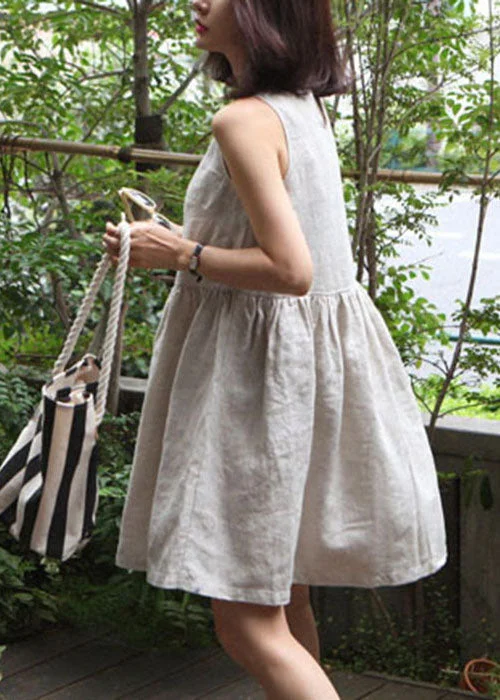 wool dressBohemian Beige O-Neck Wrinkled Cotton Vacation Dress Summer