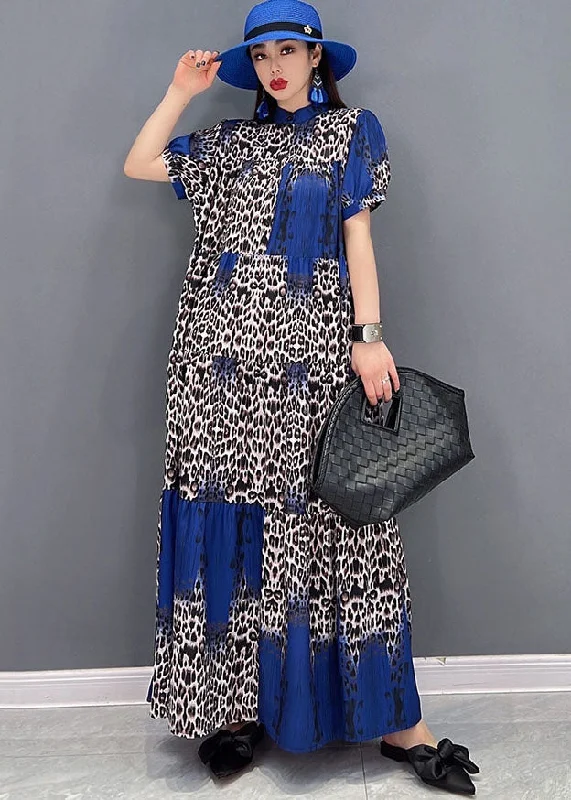 Season Finale Sale evening dressBohemian Stand Collar Leopard Print Wrinkled Long Dress Short Sleeve
