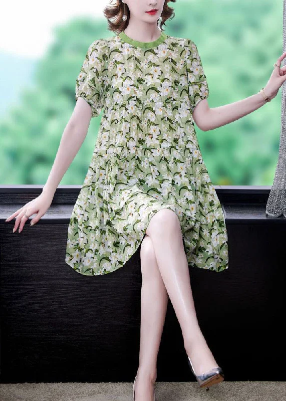 chic slip dressNatural Green O-Neck Cinched Print Dress Short Sleeve