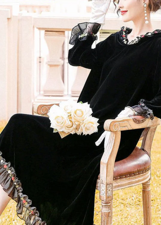 Markdown Madness trendy wrap dressModern Black Hooded Patchwork Ruffles Silk Velour Long Dress Spring