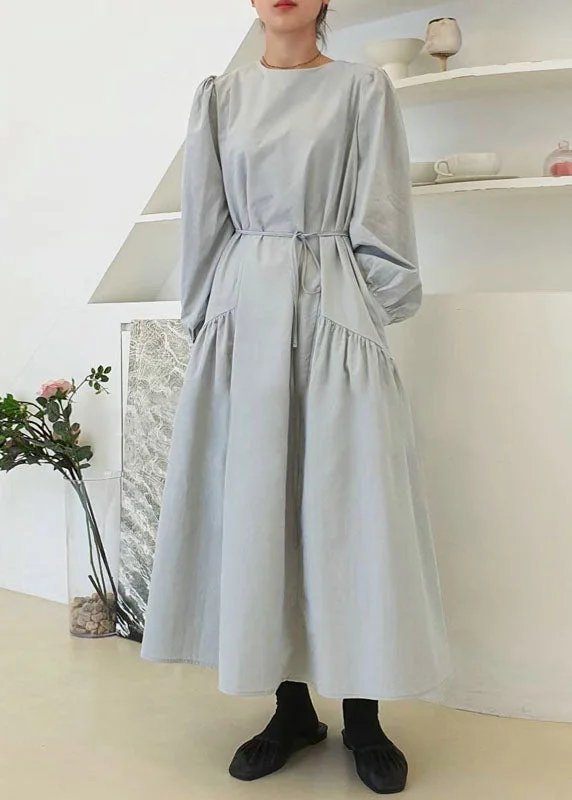 Reduced Prices chic slip dressCasual Light Blue O Neck Patchwork Wrinkled Cotton Dress Puff Sleeve