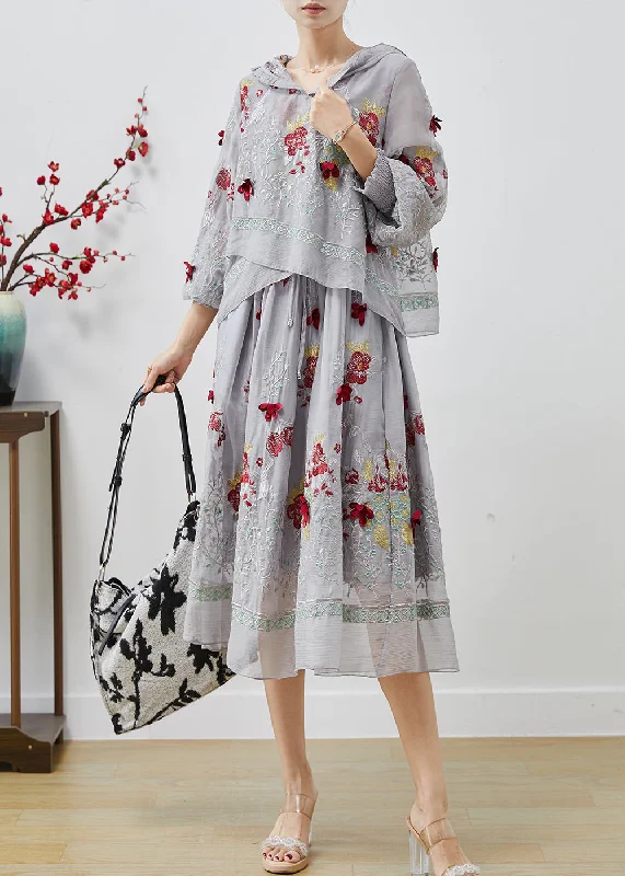Crazy Deals floral midi dressBoutique Grey Embroidered Patchwork Silk Fake Two Piece Dress Summer Crazy Deals floral midi dressBoutique Grey Embroidered Patchwork Silk Fake Two Piece Dress Summer