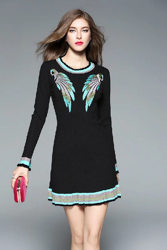 long-sleeve floral dressParrot Embroidered Mini Sweater Dress