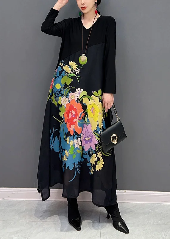 Amazing Deals floral midi dressVintage Black V Neck Patchwork Print A Line Dress Spring