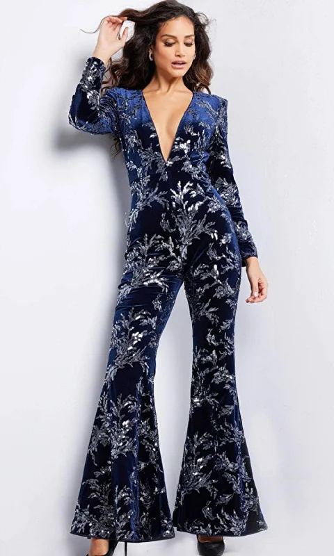 Take Advantage Jovani 23708 - Deep V-Neck Sequin Embellished Jumpsuit