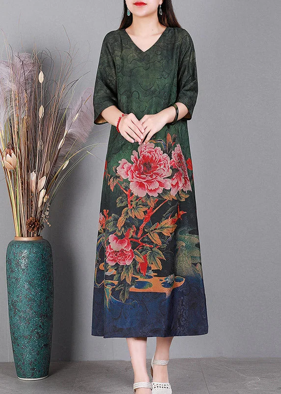 Overstock statement dressLoose Green V Neck Print Silk Dresses Half Sleeve