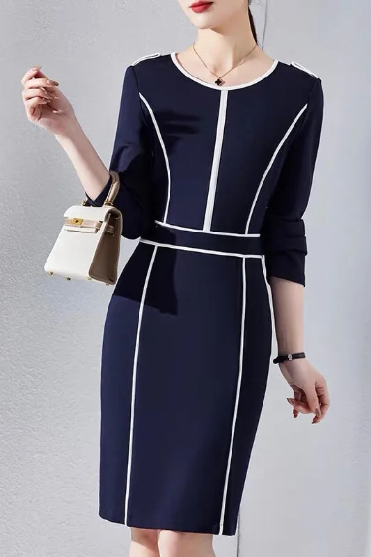 knit dressNavy White Color block Work Dress