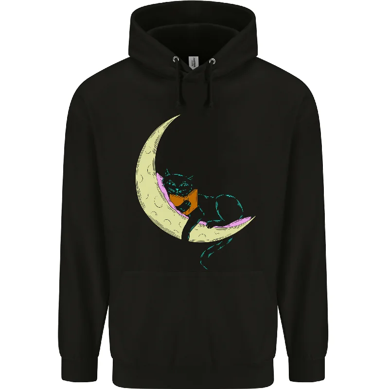 cozy hooded jacketA Chilled Cat Reading a Book on the Moon Mens 80% Cotton Hoodie