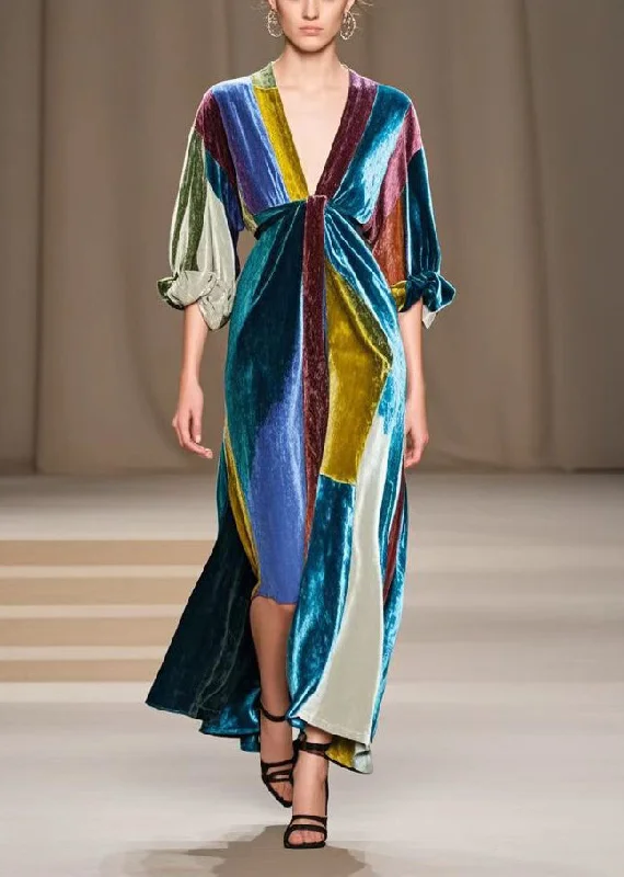 Price Rollback t-shirt dressSimple Colorblock V Neck Patchwork Silk Velvet Party Dress Fall
