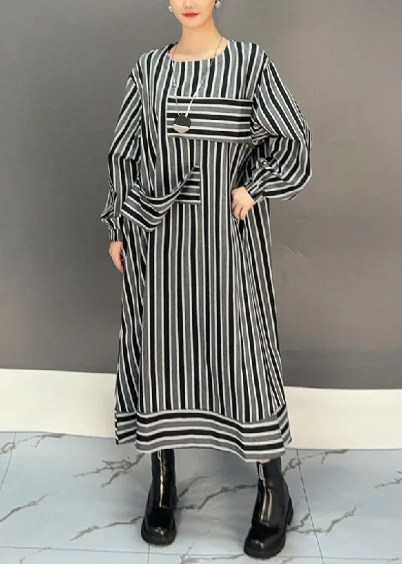 Deal Mania office dressNew Striped O Neck Pockets Cotton Long Dress Fall