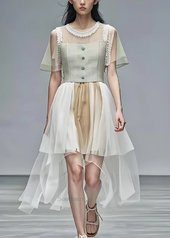 New Arrival casual midi dressItalian O Neck Tulle Patchwork Cotton Dresses Summer