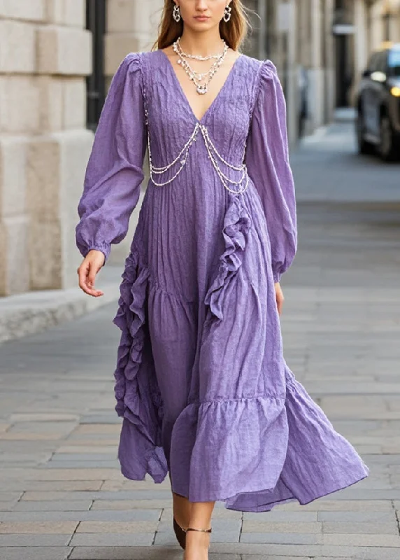 puff sleeve dressOrganic Purple Ruffled Nail Bead Cotton Long Dress Spring