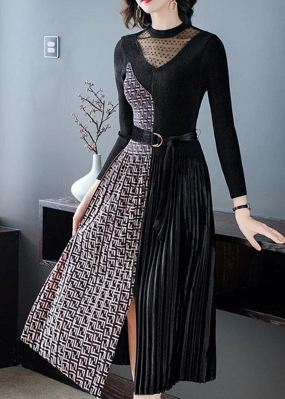 Huge Savings long sleeve dressFrench Black Cinched Patchwork Side Open Silk Velour Maxi Dress Spring