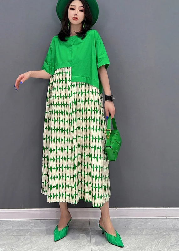 Weekend Deal stylish party dressArt Green O-Neck Asymmetrical Patchwork Print Dresses Short Sleeve
