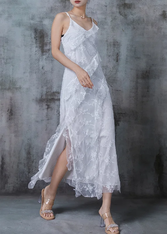 oversized dressFine White Embroidered Side Open Tulle Spaghetti Strap Dress Summer