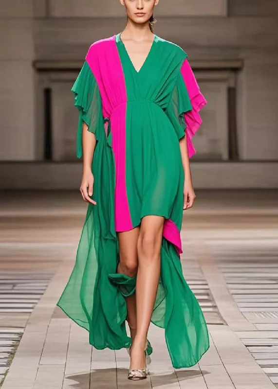 Stock Up and Save A-line dressPlus Size Green Asymmetrical Patchwork Chiffon Ankle Dress Summer