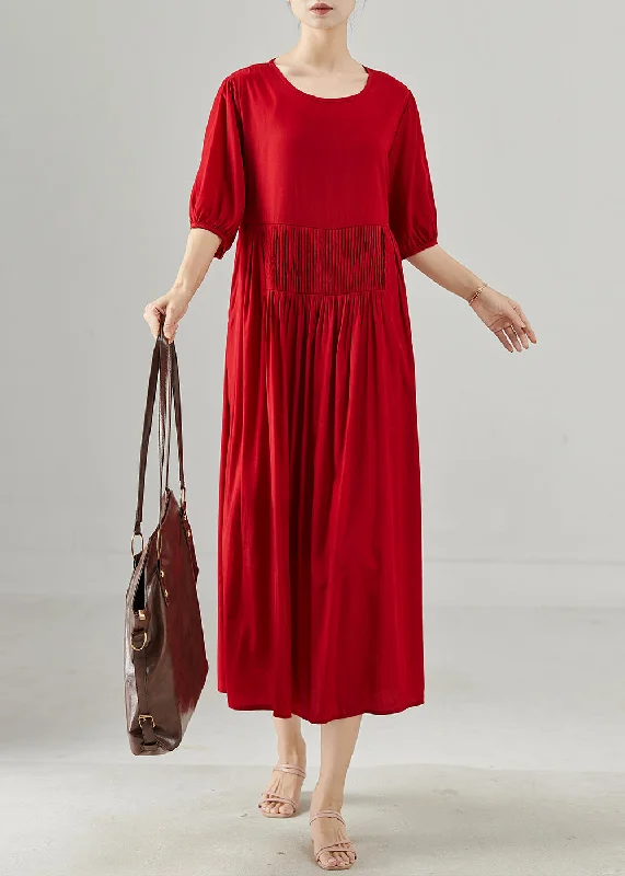 satin dressChic Red Oversized Wrinkled Cotton Dresses Half Sleeve