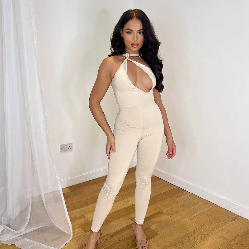 Act Fast ADORN Beige One Shoulder Jumpsuit