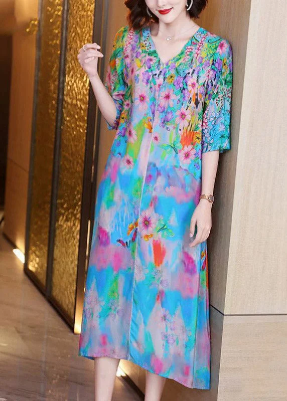 Savings Spectacular floral dressFashion V Neck Print Silk Long Dresses Half Sleeve
