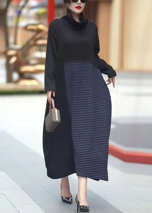 pleated maxi dressFrench Black Asymmetrical Striped Knit Patchwork Long Dress Winter