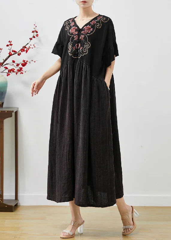 floral dressWomen Black Embroidered Patchwork Cotton Long Dress Summer