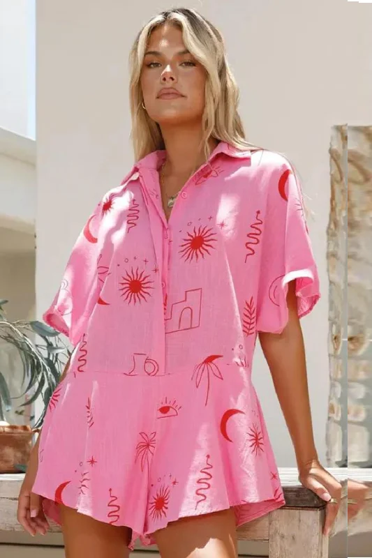 Crazy Savings Casual Chic Half Sleeve Loose Short Jumpsuit Loose Lapel Beach Holiday Short Outfits Women Casual Outfits