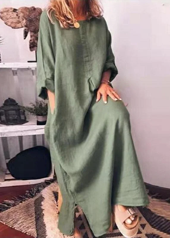 Online Exclusive casual dressItalian Green O Neck Pockets Cotton Long Dress Fall