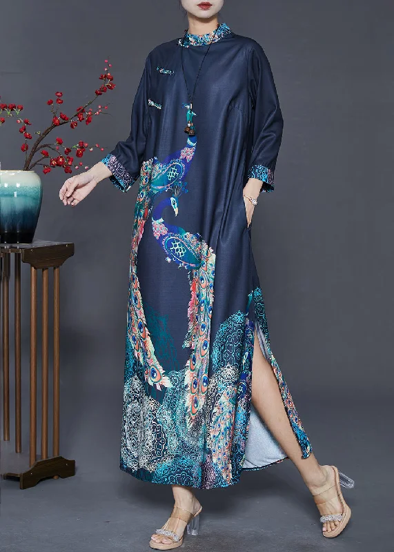 Sale Event one-shoulder dressChinese Style Navy Peacock Print Cotton Maxi Dress Fall