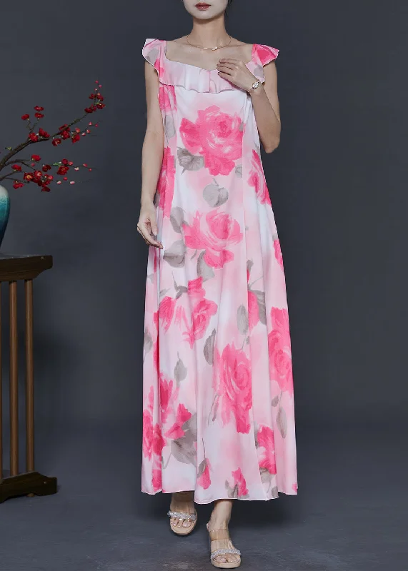 sleek dressBohemian Pink Print Chiffon Long Dress Summer