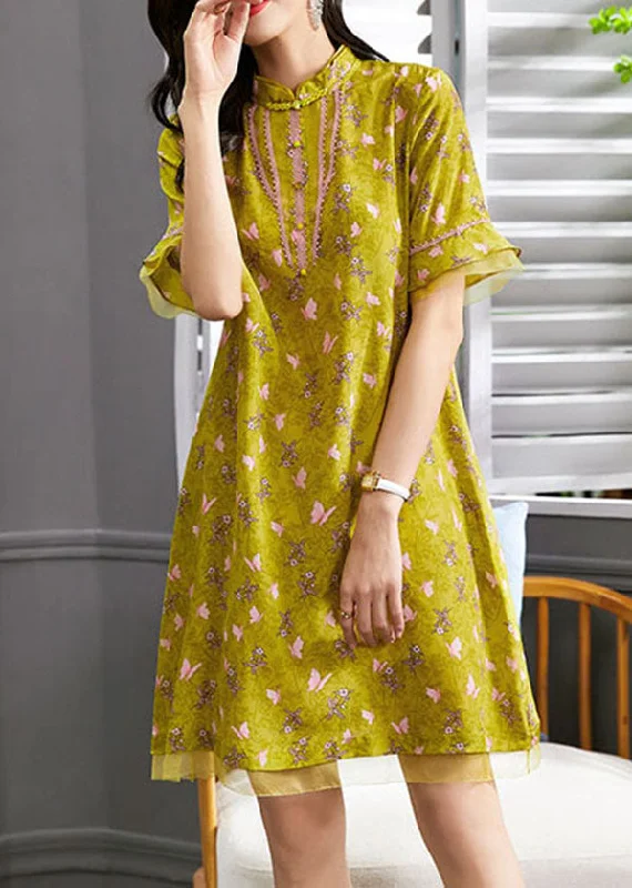Reduced Prices high-waisted dressBoutique Yellow Mandarin Collar Floral Print Tulle Patchwork Silk Dresses Flare Sleeve